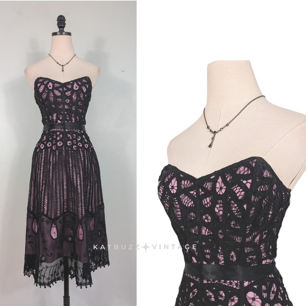 Vintage Betsey Johnson Midi Dress Lace Gown 8 Black Pink Fairy Grunge 90S Y2K